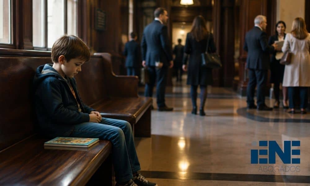 un niño sentado en el banco de unos juzgados