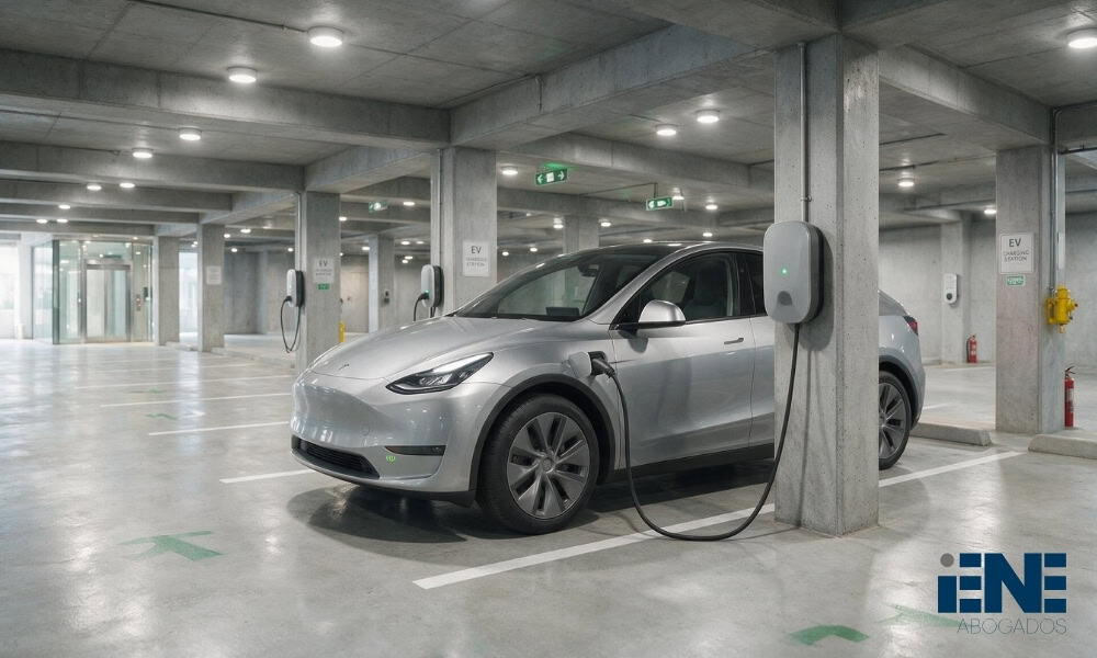Coche eléctrico cargando en estación de carga en garaje subterráneo.