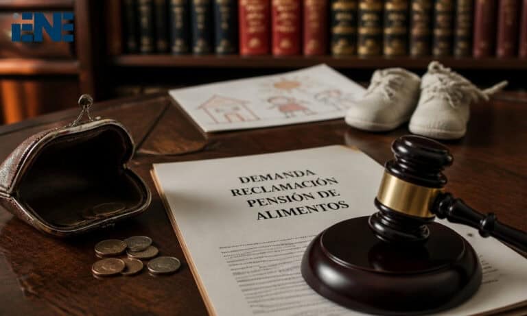 Documento legal y martillo de juez para reclamar pensión de alimentos.