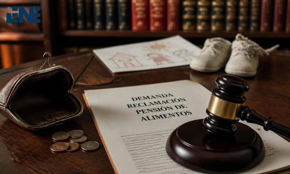 Documento legal y martillo de juez para reclamar pensión de alimentos.